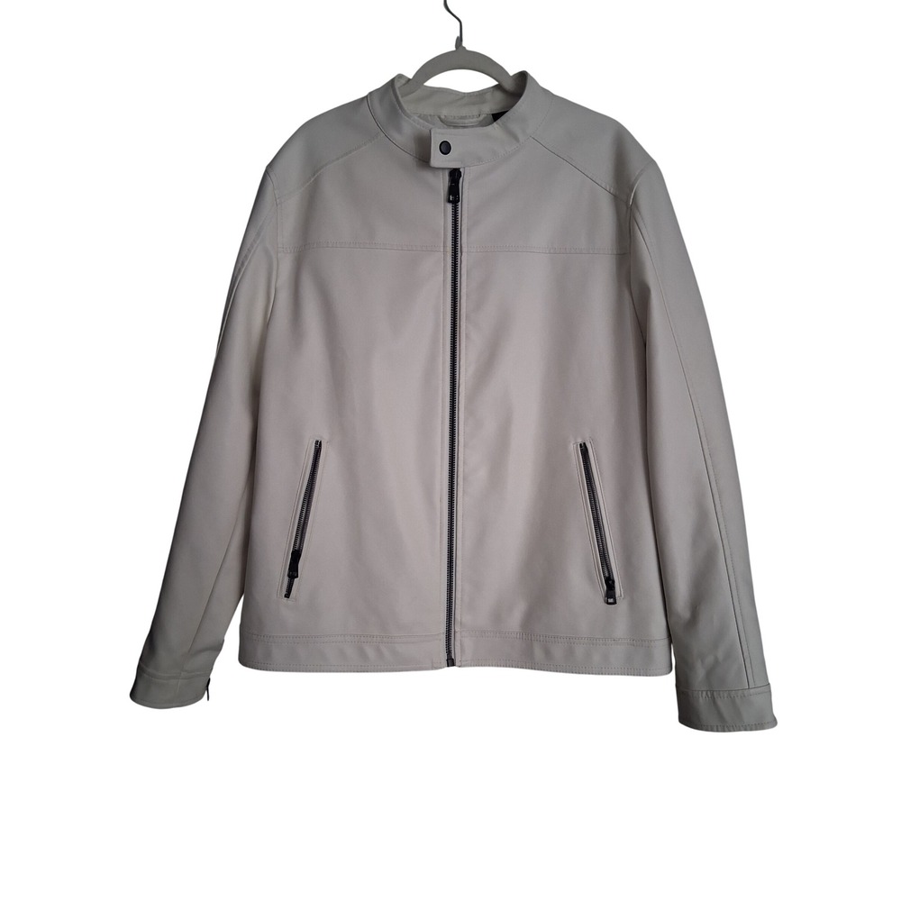 Calvin Klein Mens Faux Leather Cafe Racer Jacket Cream Off-White Size Large L